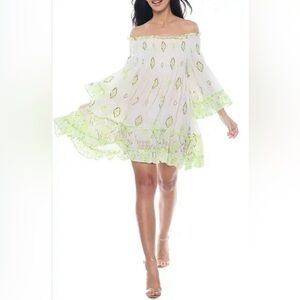 Ranee’s (Nordstrom) White and Green Patterned Mini Dress, Free Size NWT